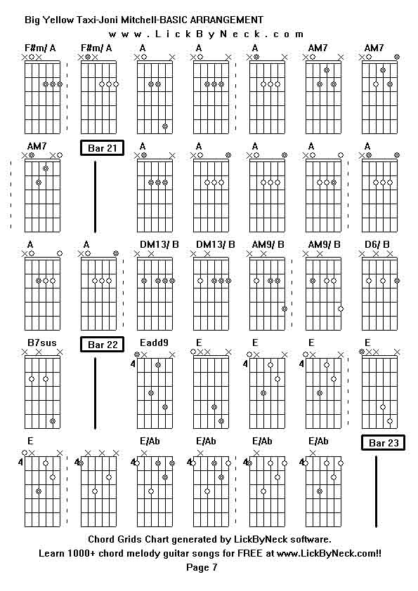 Chord Grids Chart of chord melody fingerstyle guitar song-Big Yellow Taxi-Joni Mitchell-BASIC ARRANGEMENT,generated by LickByNeck software.